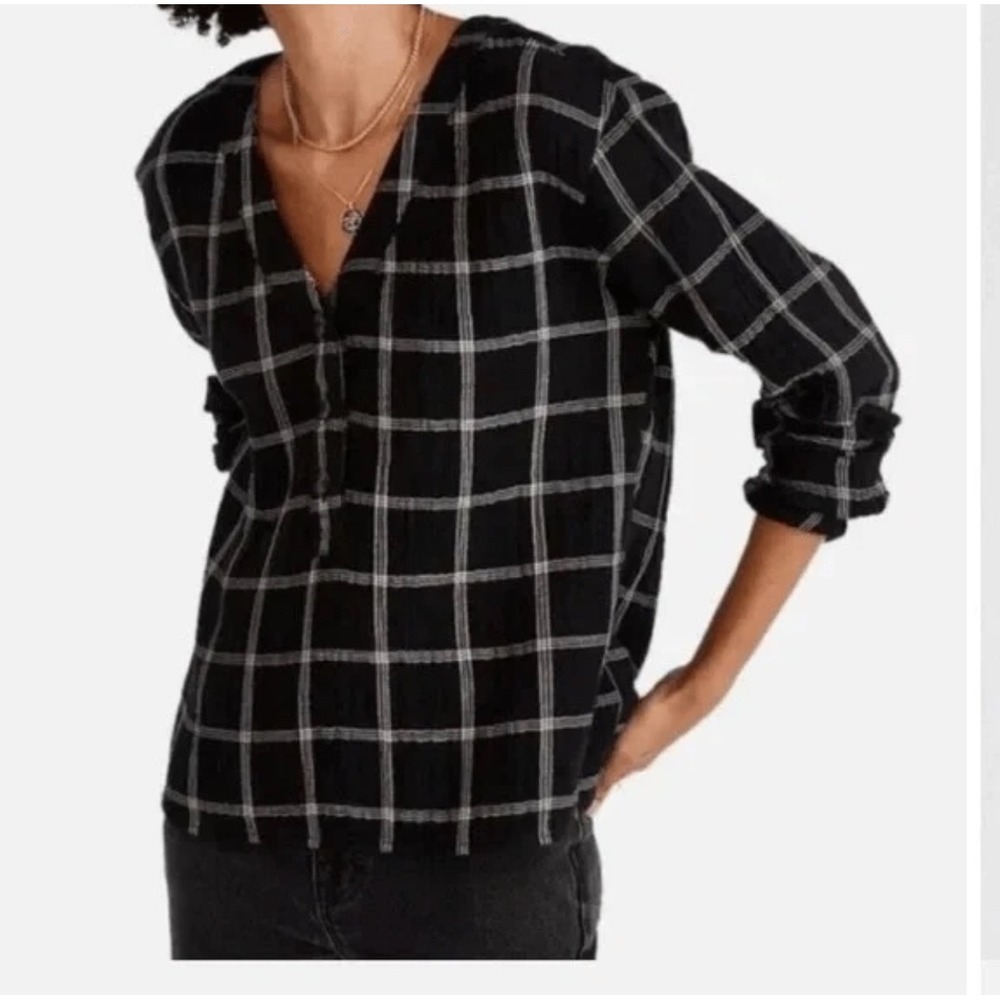 Madewell Lightspun Evert Top in Windowpane Black Tan XS Long Sleeve